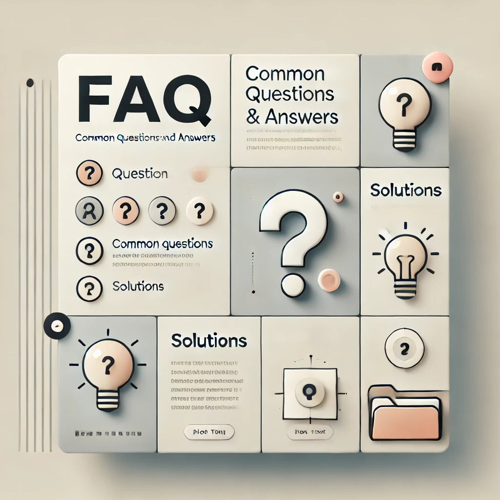 A clean and visually appealing FAQ page design concept. The image features a minimalist layout with icons representing common questions and answers